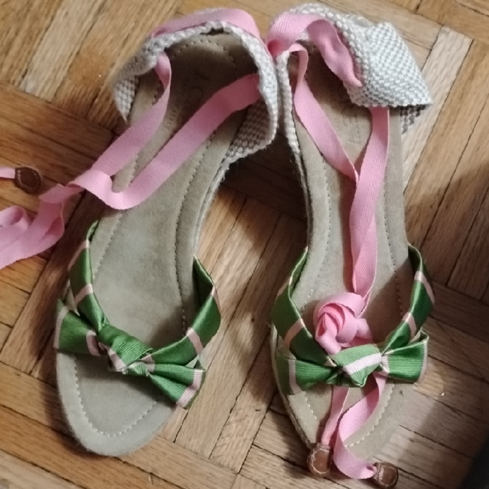 J. Crew Pink and Green Bow Sandals